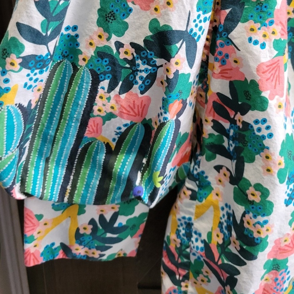 Emily Lovelock Floral Cactus Print Puff Sleeve Ruffle Neck Blouse XS US 2-4 - Picture 4 of 13